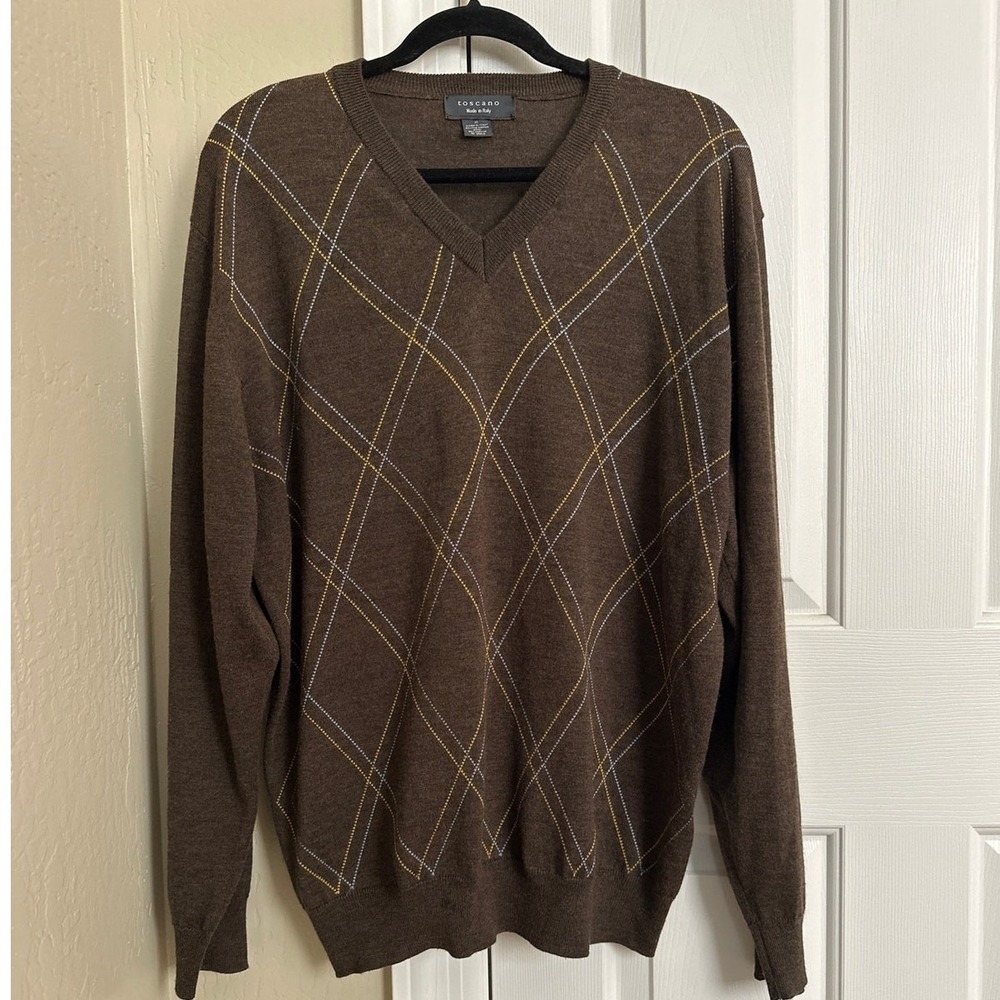 Vintage Toscano Made in Italy XL Brown Argyle V-Neck Sweater - Merino Wool Blend